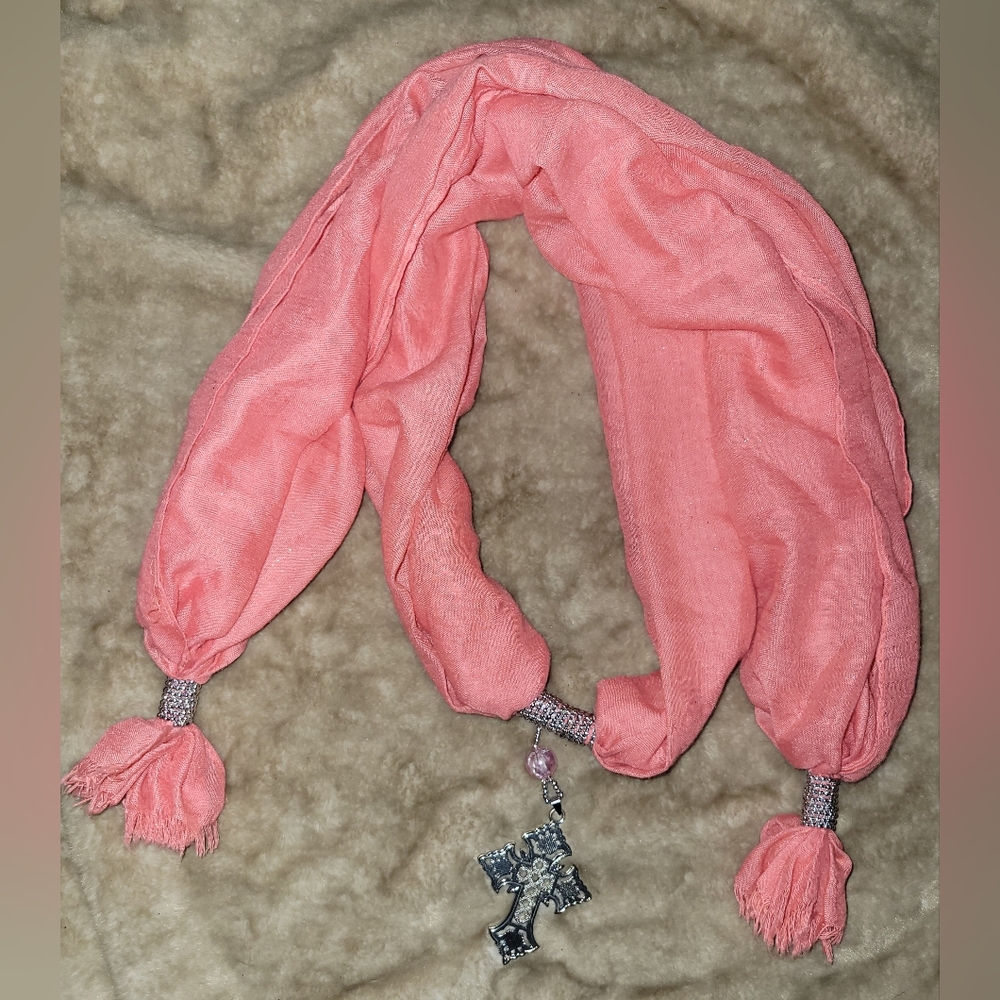 Elegant Coral Peach Scarf with Silver Accents And Cross Charm Pendant